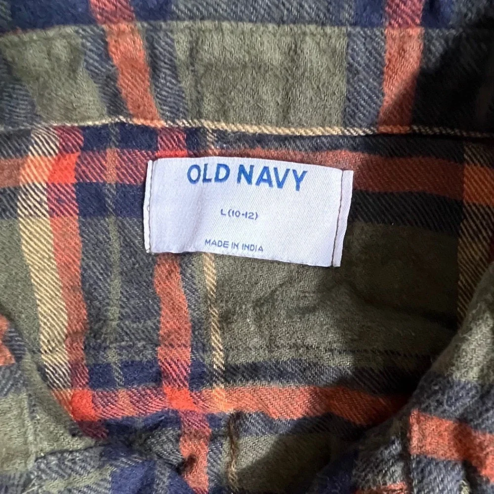 Old Navy Flannel Shirt Kids Size L 10-12 Olive Green Orange Plaid Button Down
